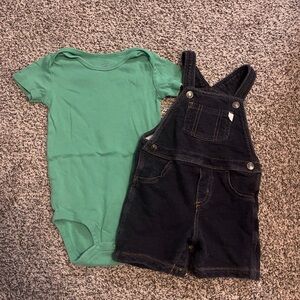 Green Bodysuit and Black Denim Overalls Set